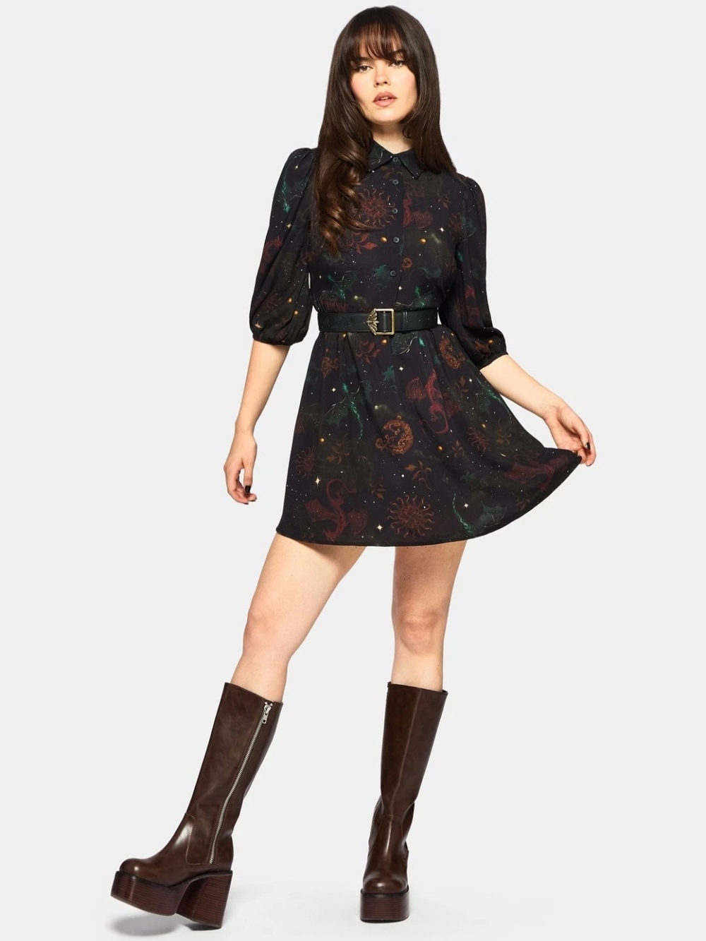 Phoenix Dragon Printed Mini Shirt Dress Medieval - Picture 4 of 5